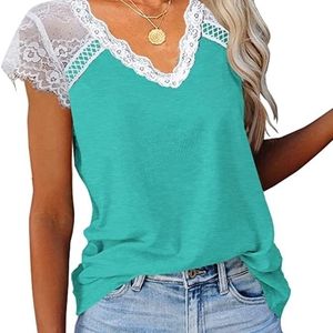 Lace sleeved, trendy tee, turquoise / white